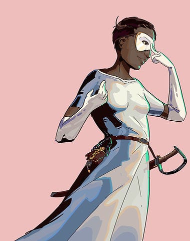 A dark-skinned woman wearing all white, with a mask over her eyes and a sabre at her side.