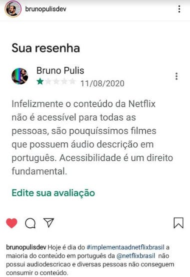 Avaliação do Netflix em relação a acessiblidade, pois possui poucos filmes que tem áudio descrição em português.