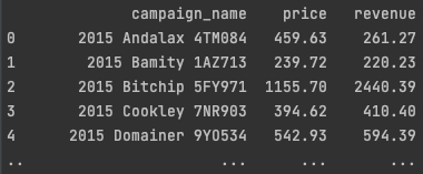 The above shows an example of a pandas data frame containing attribute campaign name, fact price, and metric revenue.