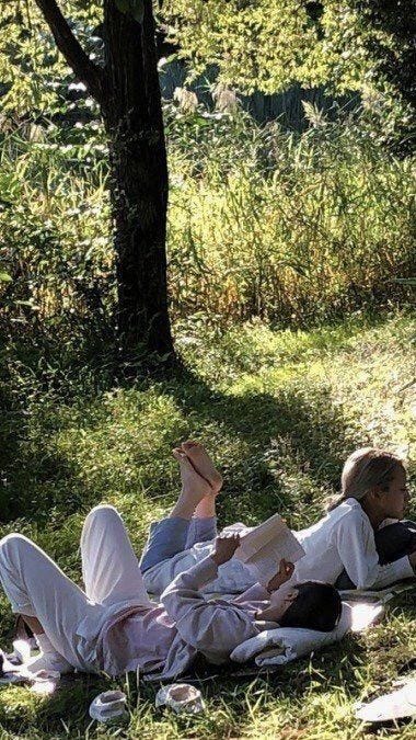 Two girls sit in the grass reading; sunlight shines through the trees.