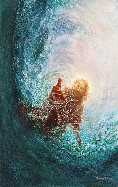 Painting of Jesus reaching down towards the viewer through the surface of a lake, painted so that the viewer is in the point of view of Peter in the story of Jesus rescuing Peter from sinking. Jesus stands upon the surface of the lake, and the sun directly behind his head has a halo effect.