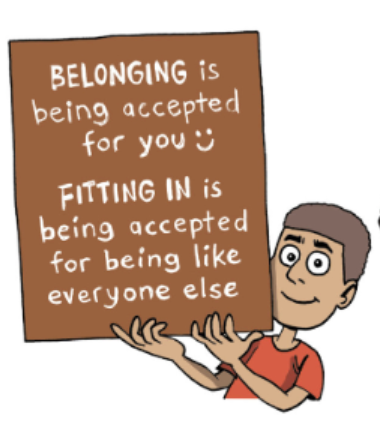 Boy holding sign — belonging is being accepted for you. Fitting in is being accepted for being like everyone else.
