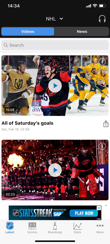 A screenshot of the NHL app’s first page