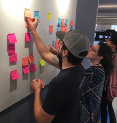 Three people arrange colorful post-it notes on a whiteboard