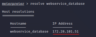 Use the “resolve <domain hostname>” command from Meterpreter shell. The postgres database resolves to an internal network IP: 172.28.101.51