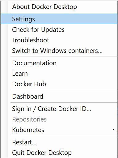 Right click Docker Desktop and choose “settings”