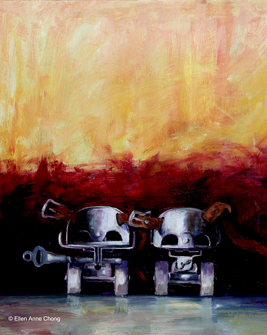 Image from an oil painting of vintage metal roller skates, the background suggests red flames graduating up to yellows and oranges.