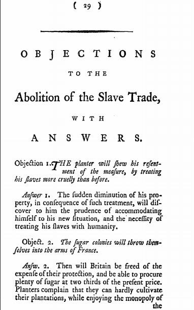 First page of James Ramsey ‘Objections to the Abolition of the Slave Trade, with Answers’