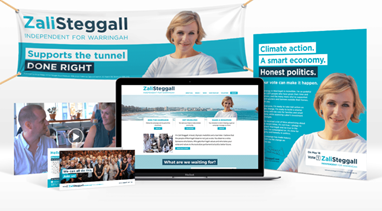A screen shot of Independant MP Zali Steggall’s campaign featuring a video, a banner with her portrait saying ‘Zali Steggall Independant for Warringah supports the tunnel done right’, a poster with her portait with the heading ‘Climate action. A smart economy. Honest politics.’, and a laptop screen showing her website.