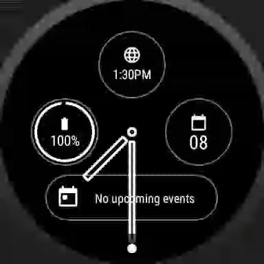 watch face transitions between active and ambient mode. In ambient mode, fills turn to strokes, the number of elements are reduced, moving elements (e.g. second hand) are removed.