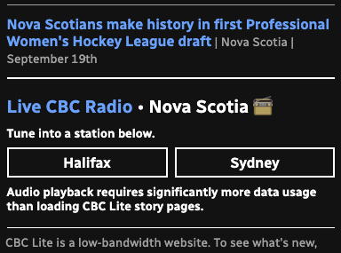 Screenshot of the Live CBC Radio links for Nova Scotia, displaying the options of “Halifax” and “Sydney”.