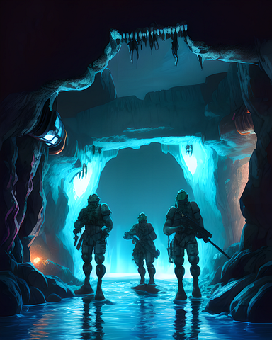 Three futuristic soldiers in a blue mysterious tunnel