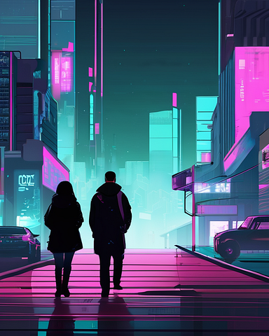 Two shadowy figures in a purple and green city