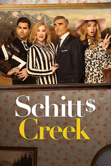 Schitts Creek Movie Poster with 4 family members posing for a picture