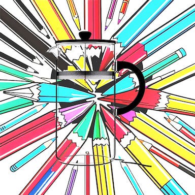 Percolator coffee pot with flying pencils attacking it.