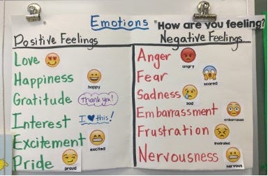 Emotions chart displayed in the classroom with emotions listed in positive and negative categories. Each emotion also has an emoji face next to the word.