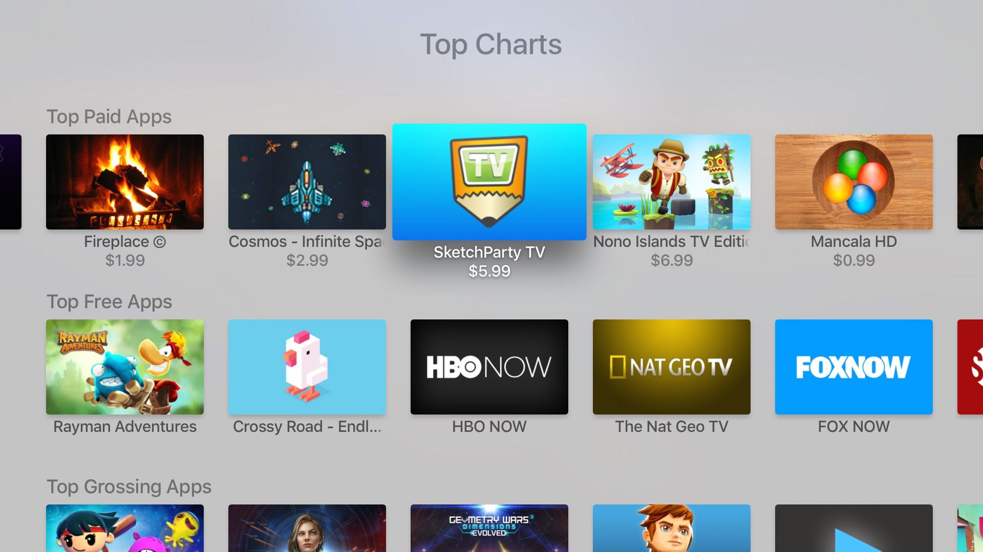 An early screenshot of the Apple TV App Store. This is scrolled to approximately position 37. SketchParty TV didn’t last that high for long, and fluctuates wildly compared with other titles that have been on the Store since launch.