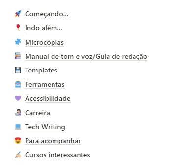 Captura de tela do “menu” do repositório. Ele está dividido nos seguintes temas: Começando, Indo além, Microcópias, Manual de tom e voz/Guia de redação, Templates, Ferramentas, Acessibilidade, Carreira, Tech Writing, Para acompanhar e Cursos interessantes.