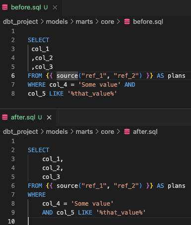 Before and after of running sqlfluff fix