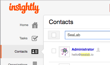 A screenshot of the “Contacts” option on our SeaLab Insightly CRM. The orange “Insightly” logo is in the top left corner.