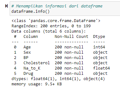Menampilkan banyak informasi dengan fungsi dataframe.info()