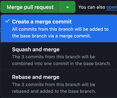 GitHub dropdown for Merge pull request
