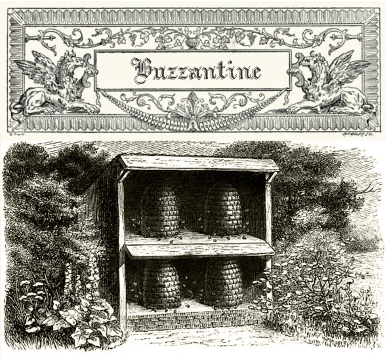 This is an historic illustration of beehives in a mini-barn at a Buzzantine Honey Farm