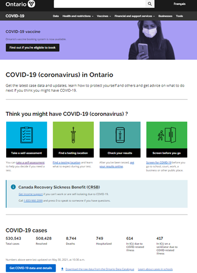Screengrab showing COVID-19 (coronavirus) in Ontario webpage.