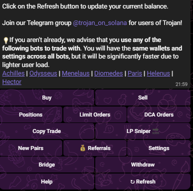 Telegram Trojan trading bot on solana for memecoins