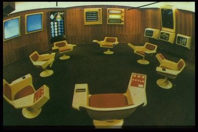 An photograph of the Star Trek-style control room of Stafford Beer’s project Cybersyn.