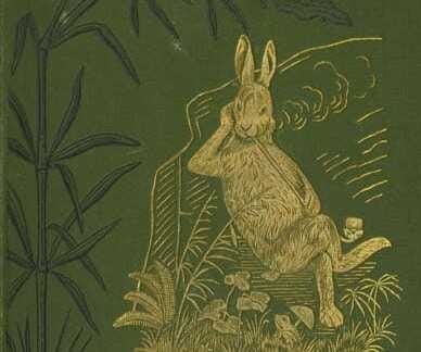 A yellow drawing of a rabbit sitting with his legs crossed and his head resting on his hand, all against a green background with drawings of plants.