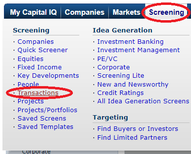 Screening for transactions in the menu.