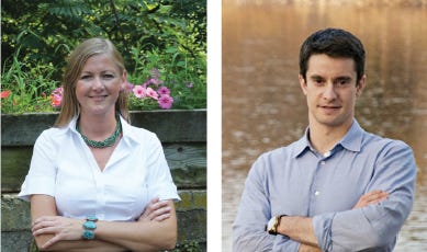 Shaughnessy Naughton (left) and Kevin Strouse (right), challengers in the 8th Congressional District, debated last week in front of the Bucks County Democratic Committee.