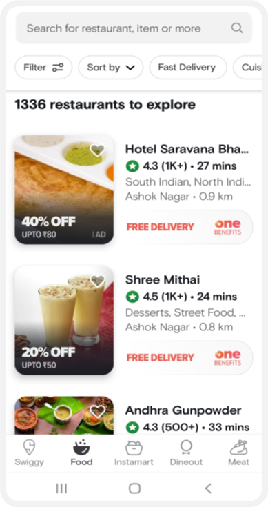 Swiggy’s restaurant listing page containing a search bar, list of restaurants and app section menu icons