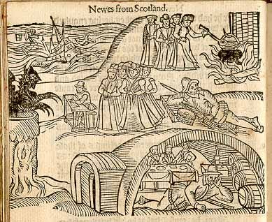 Newes from Scotland, an English pamphlet describing the events of the North Berwick Trials. The image shows a collection of witches watching the Devil, a black winged beast, preaching from a pulpit while a ship sinks in the background