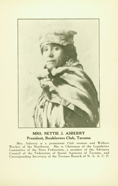 A black and white photo shows Nettie J. Asberry wearing a fur hat and stole, with text underneath the picture that reads in part, “President, Booklovers Club, Tacoma.”