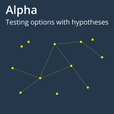 You test options with hypotheses in Alpha, represented as lines connecting stars to form a constellation in the sky