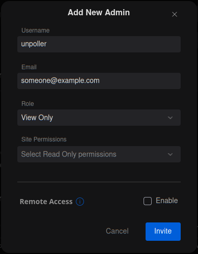 Add New Admin Dialog Box within UniFi Network Controller