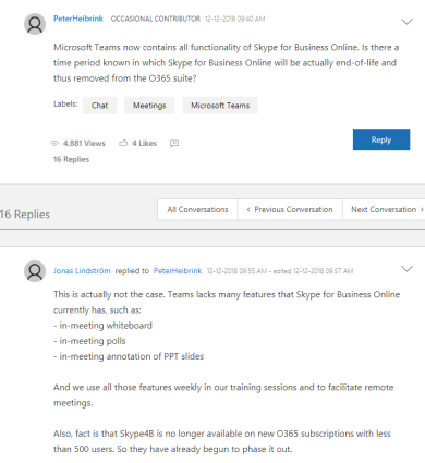 User asking about replacing Slack with Teams on Microsoft forum