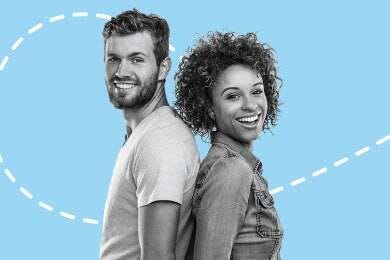 Photo illustration featuring a white man and a Black woman stand back to back smiling at the camera on a light blue background.