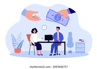 a man and a woman sat on a desk with a computer. A giant hand on top receiving money from another giant hand
