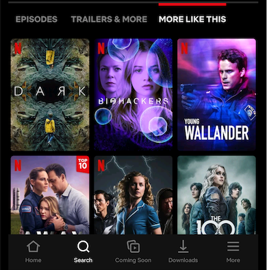 Screenshot from the Netflix app showing “more like this”