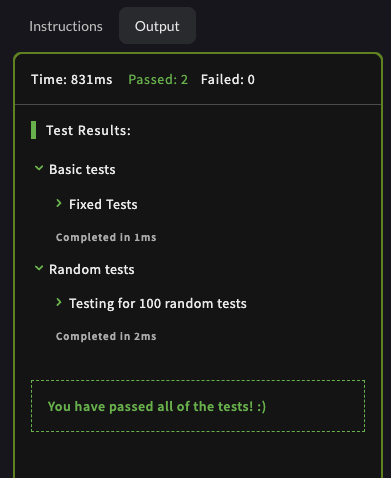 Screenshot of author’s solution showing that the tests were passed.