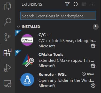 C/C++, CMake Tools and Remote — WSL extensions installed in Visual Studio Code