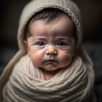 Baby facing the camera, wrapped in a blanket