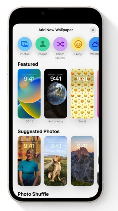 The options for wallpapers in iOS 16
