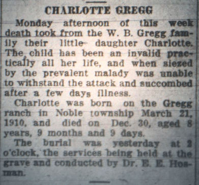 “Charlotte Gregg,” The Ord Quiz, (Ord, Nebraska, 2 January 1919), p. 1; cited on FindAGrave Memorial 154916678.
