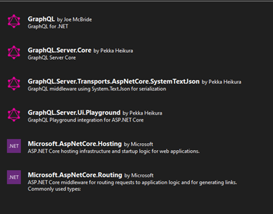 Tela do Nuget Package Manager do Visual Studio, com as bibliotecas necessárias para a aplicação. Na ordem: GraphQL, GraphQL.Server.Core, GraphQL.Server.Transports.AspNetCore.SystemTextJson, GraphQL.Server.UI.Playground, Microsoft.AspNetCore.Hosting, e Microsoft.AspNetCore.Routing