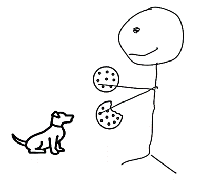 a tick man giving cookies to a dog.