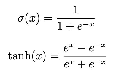 Sigmoid and hyperbolic tangent formulas.